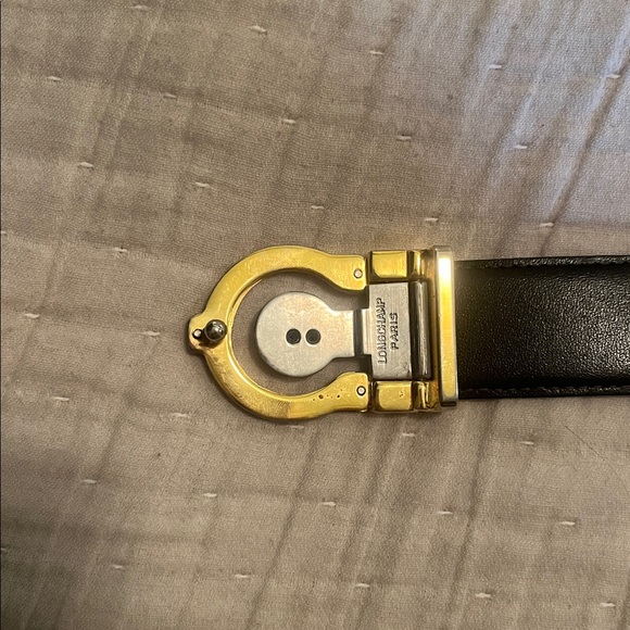 Unisex Longchamp black leather belt with silver and gold buckle detail - Picture 2 of 4